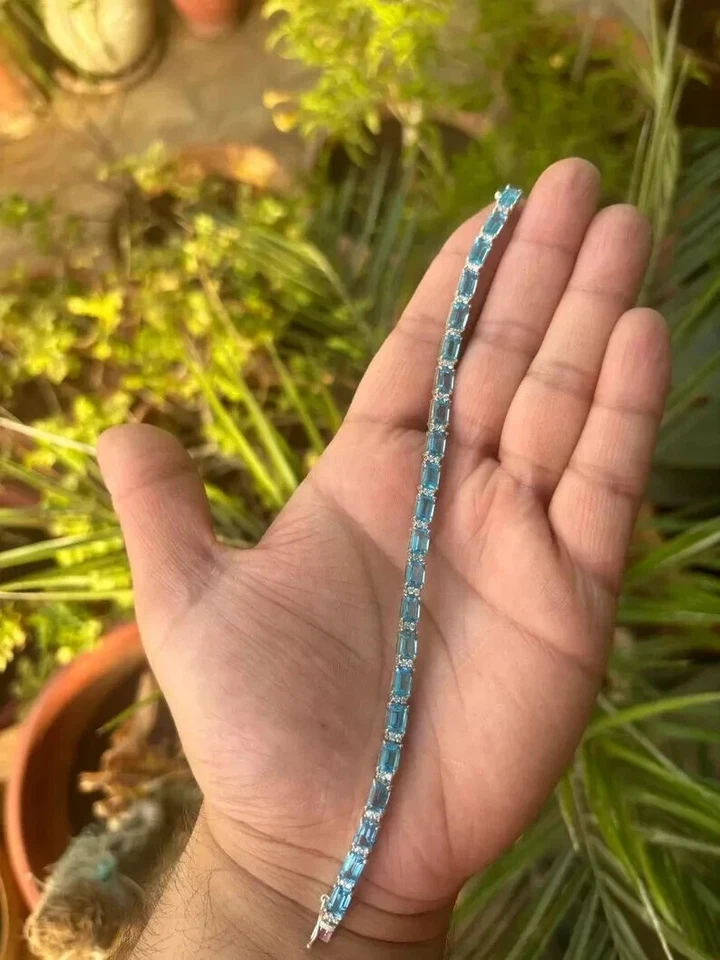 Brazalete Tenis Topacio Azul Simulado Corte Esmeralda 7Ct Chapado en Oro Blanco 14K 7' IN Foto 3 de 4