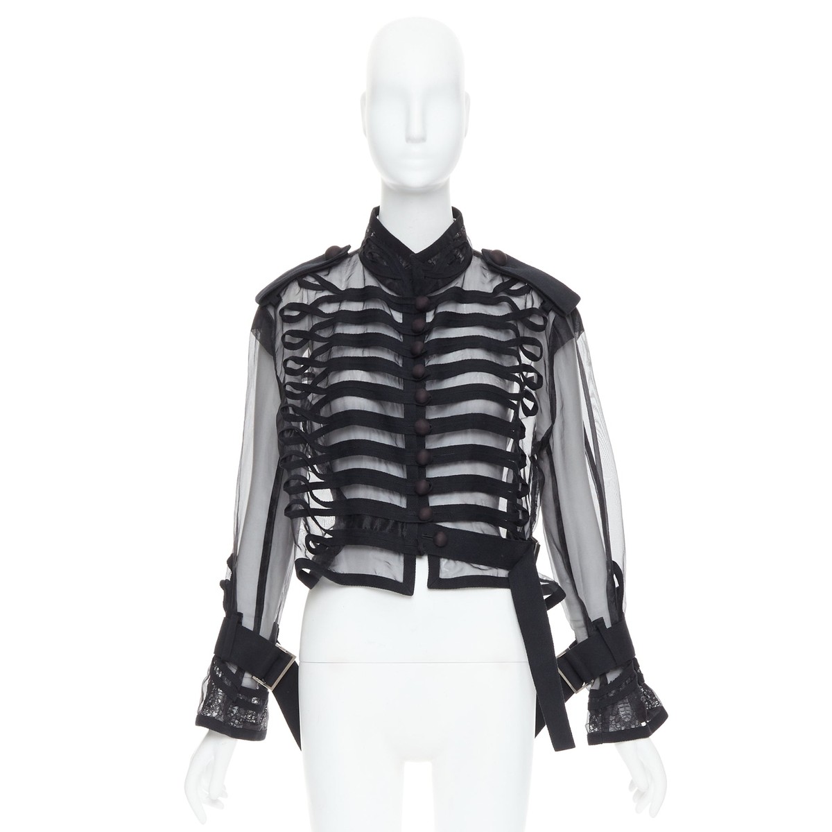 SACAI 2016 black sheer cotton blend trim crop military SACAI 2016 black sheer cotton blend trim crop military