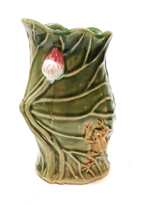 Vintage Majolica Style Frog Lilly- pad  Flower Planter Vase Green Floral Ceramic
