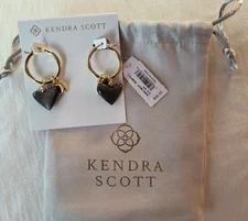 Kendra Scott Frankie Charm Hoop Earrings Obsidian Stone Gold Tone