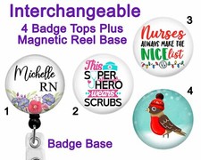 Nurse Badge Reel Holder Interchangeable 4 Swappable Tops Magnet Magnetic Badge