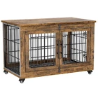 38.5'' Dog Crate Furniture Dog Kennel Double Doors Wooden w/Cushion Wheels Brown