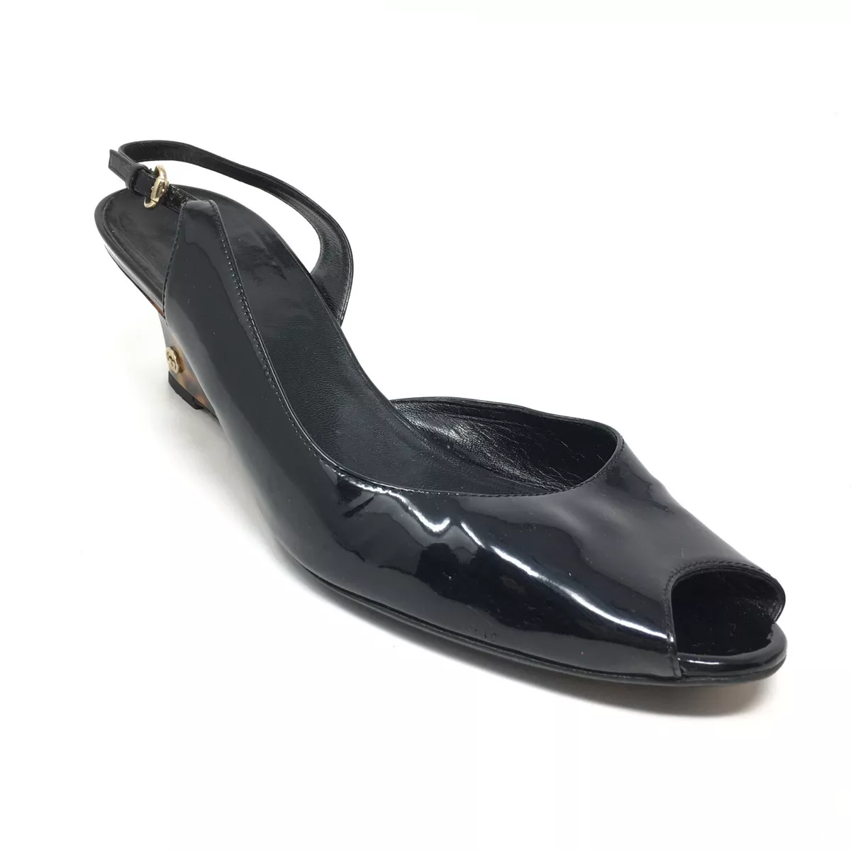 Women s Gucci GG Strappy Wedge Sandals Shoes Size 8.5 Black Patent