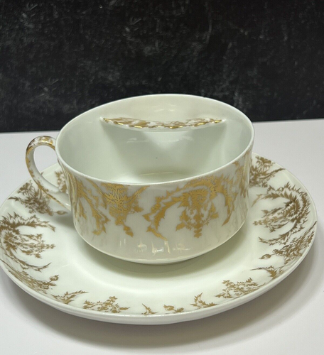 Antique JPL Jean Pouyat France Limoges Large Mustache Cup and Saucer Gold White