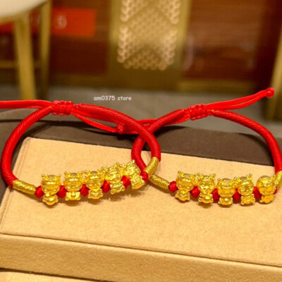 1PC 999 Pure 24k Yellow Gold Lucky 3D Zodiac Dragon Red