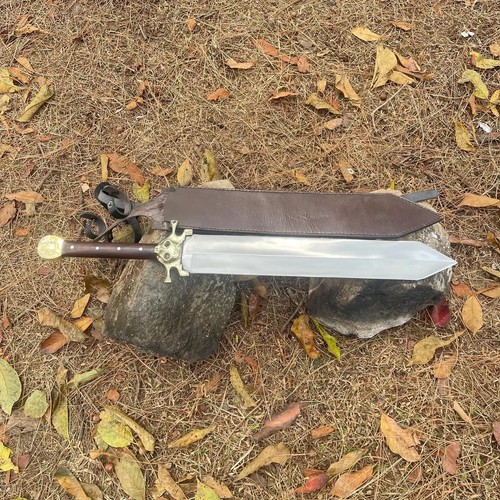 Handmade Carbon Steel 20" Wide Blade Sword Full Tang With Leather Sheath - Picture 10 of 10