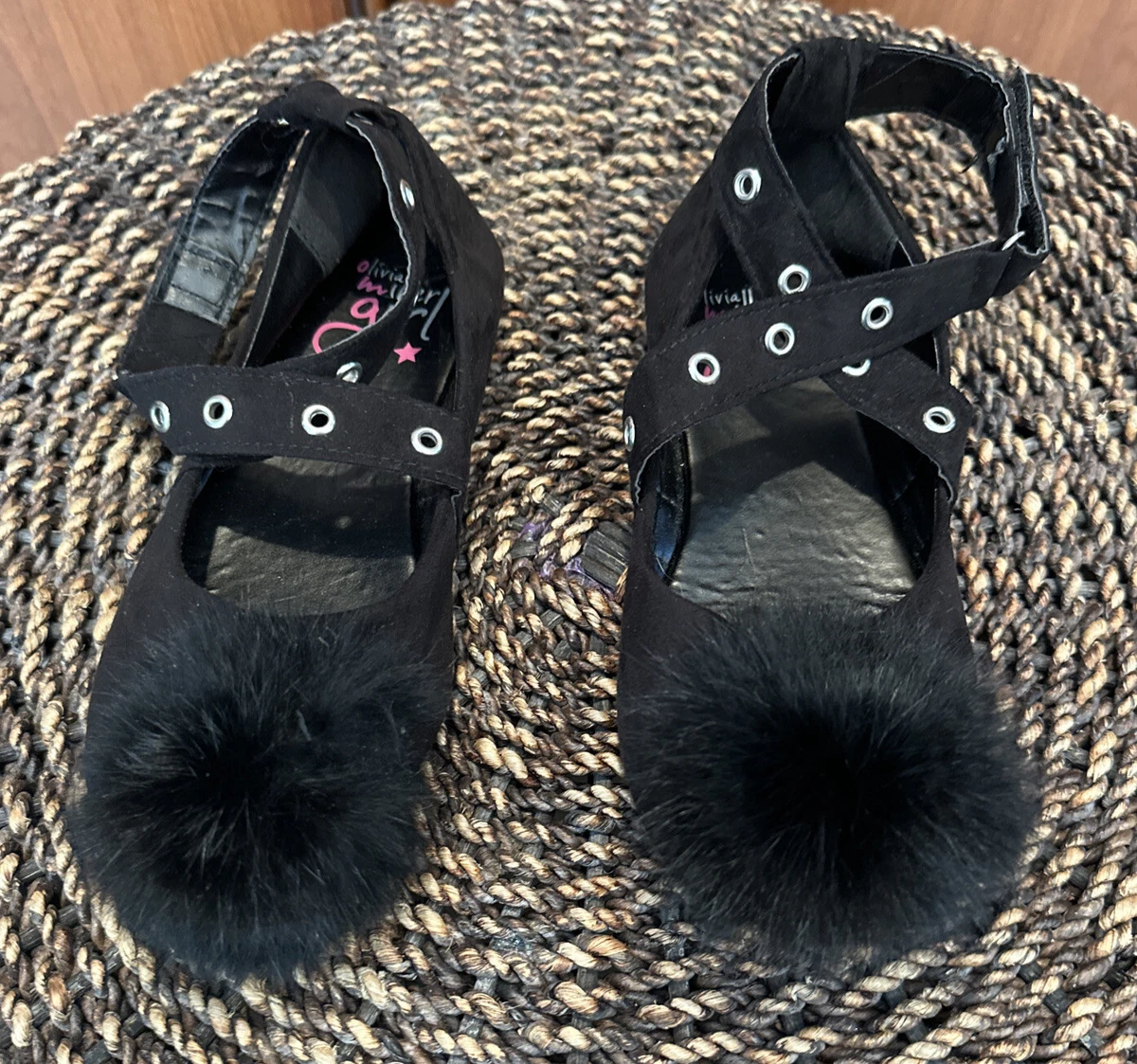 Olivia Miller Girl Black Pom Shoes Flats Size 1 Dress Party