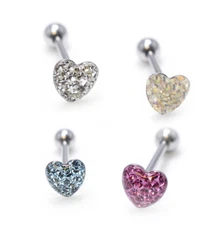 Jeweled Heart Barbell Tongue Ring Surgical Steel 14G