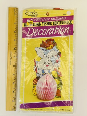 NOS New Vintage   Bunny & Easter Egg   Pink Honeycomb Tissue Die Cut 10.25'' T