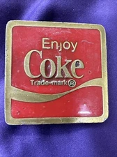 VTG 1975 Enjoy Coke Belt Buckle Brass & Enamel By Bergamot Brass Works 2-1/4”