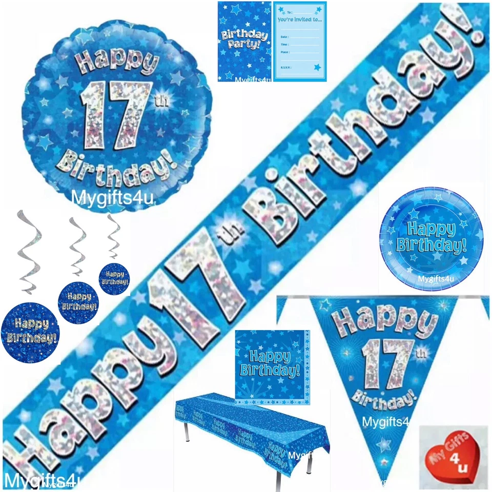 Blue 17th Happy Birthday Party Decorations Buntings Banners Balloons swirls Age