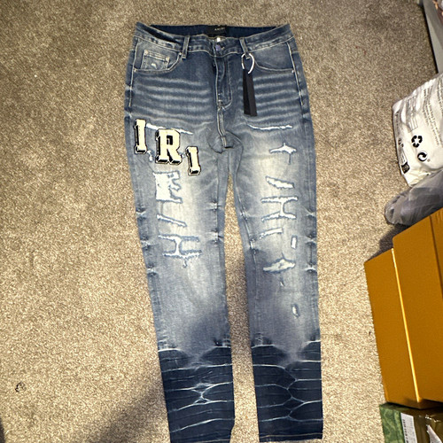 AMIRI Men's Blue Medium Wash Cotton Denim Skinny Slim Fit Jeans Distressed Logo