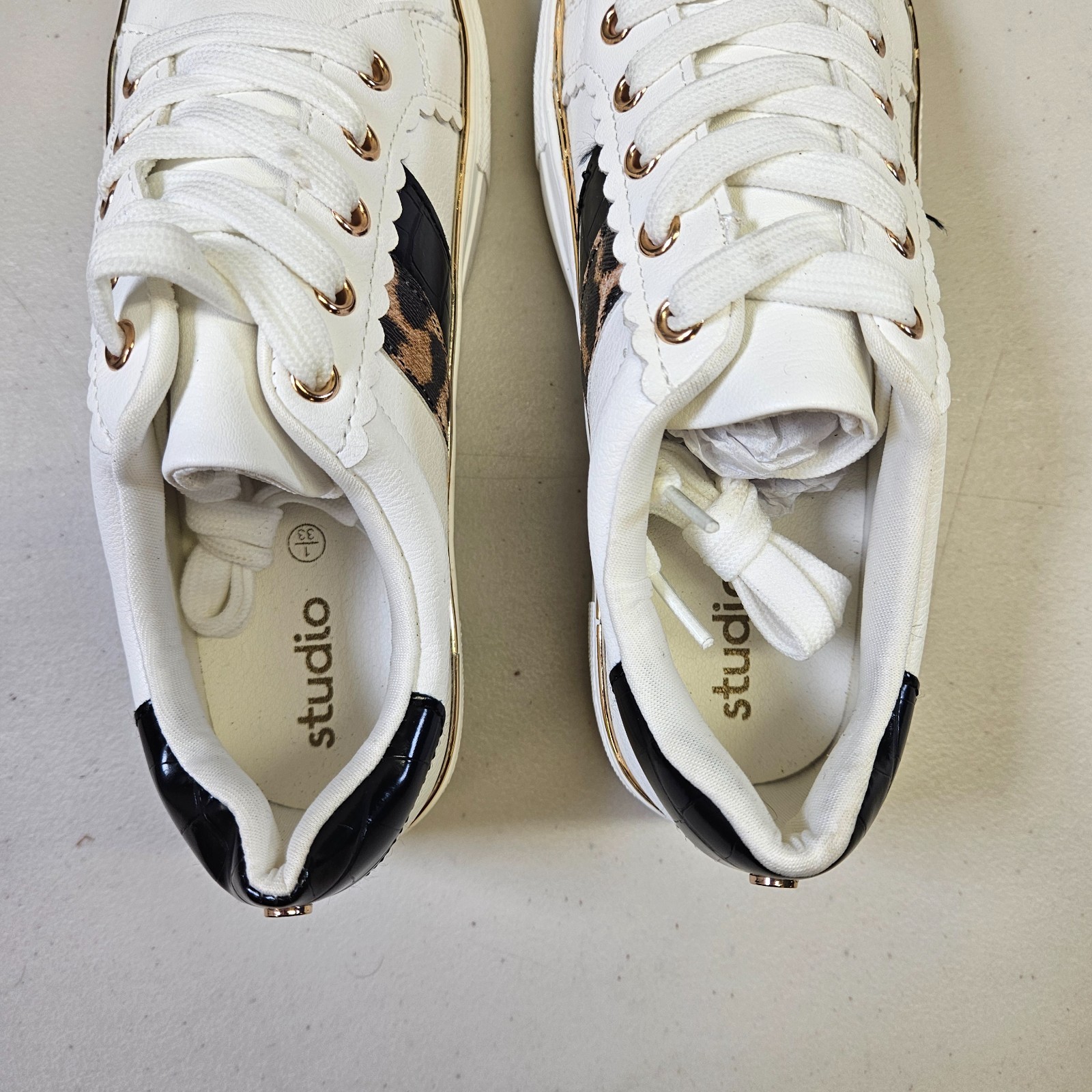 Studio White Leopard Print Trainers UK 1 EU 33 Lace Up Casual Sneakers image 3