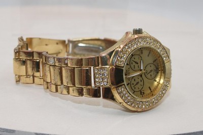 Geneva Womens Gold Tone Rhinestone Bezel Bracelet Quartz Fashion Watch