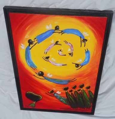 Primitive/Folk Art CIRCLE of LIFE Acrylic on Canvas Paintings Signed TOBY Framed