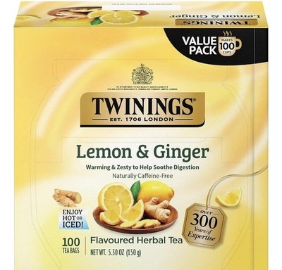 Twinings Lemon & Ginger Herbal Tea Individually Wrapped Bags, 100 Count