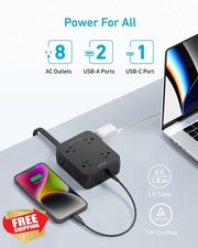 Anker 8 AC 2 USB Surge Protector Power Strip 5ft Flat Plug Dorm