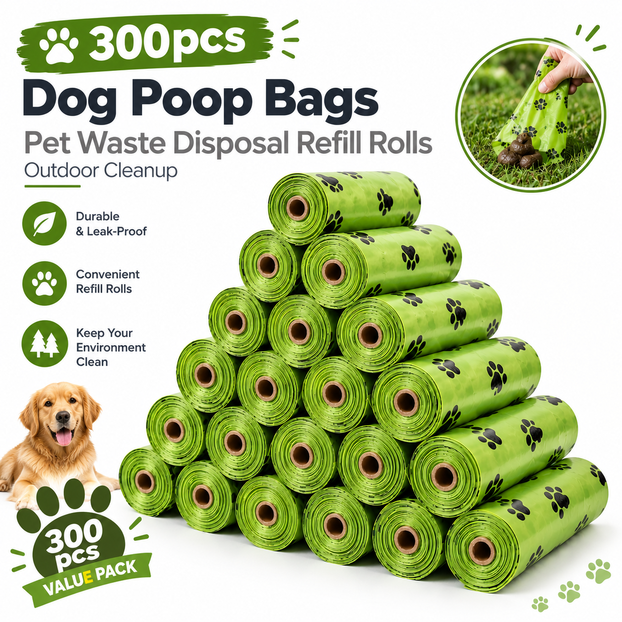300pcs Dog Poop Bags Pet Waste Disposal Refill Rolls Outdoor Cleanup ...