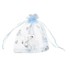 100 Pcs Organza Bag 4"x5" Sheer Butterfly Mesh Bags Drawstring Light Blue-Silver
