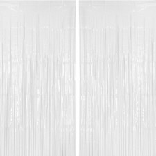 2 Pack White Tinsel Curtain, 3.2 ft x 8.2 ft, Foil Fringe, Photo Backdrop