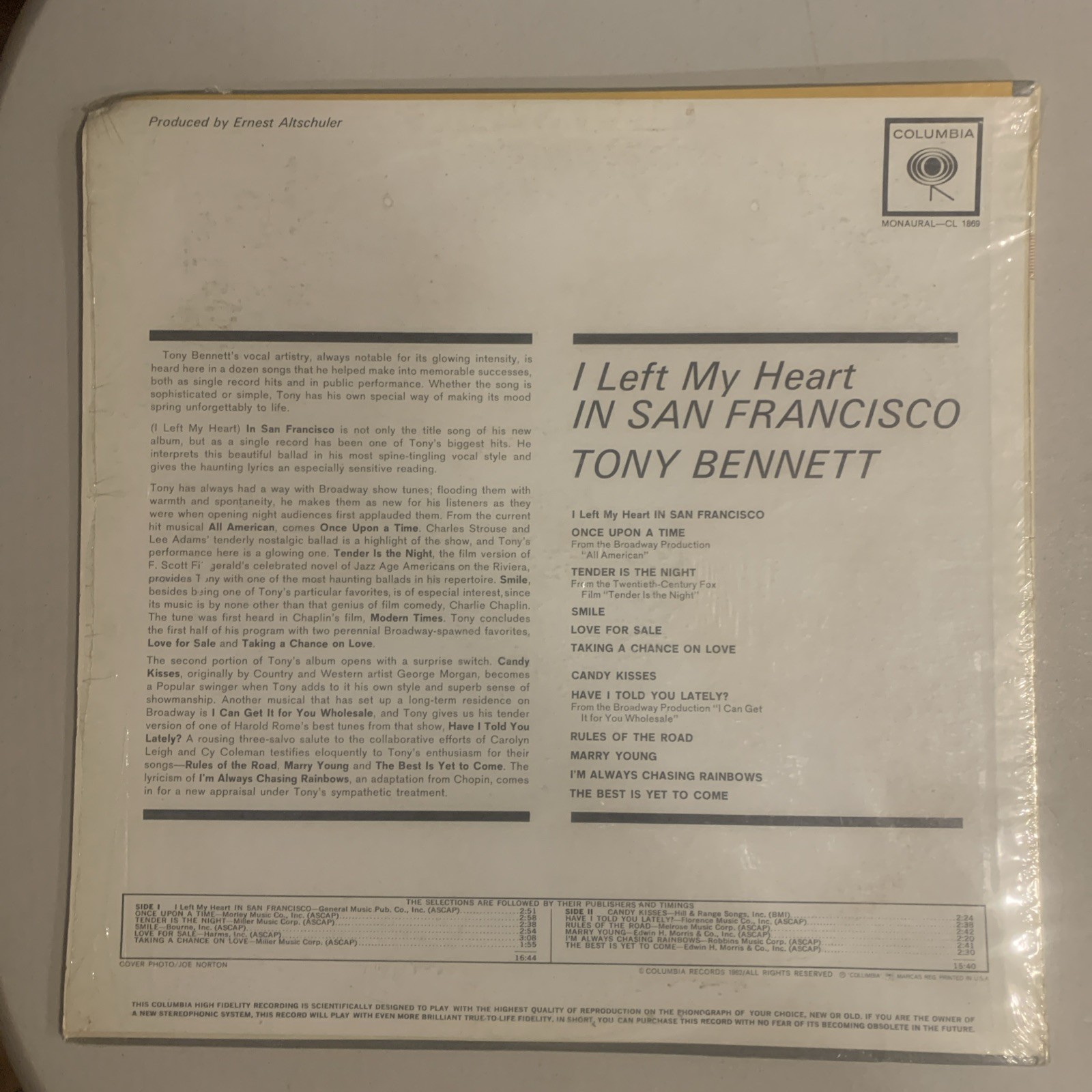 Tony Bennett, LP, Mono, VG+, I Left My Heart In San Francisco, CL-1869 (1965) thumbnail 2