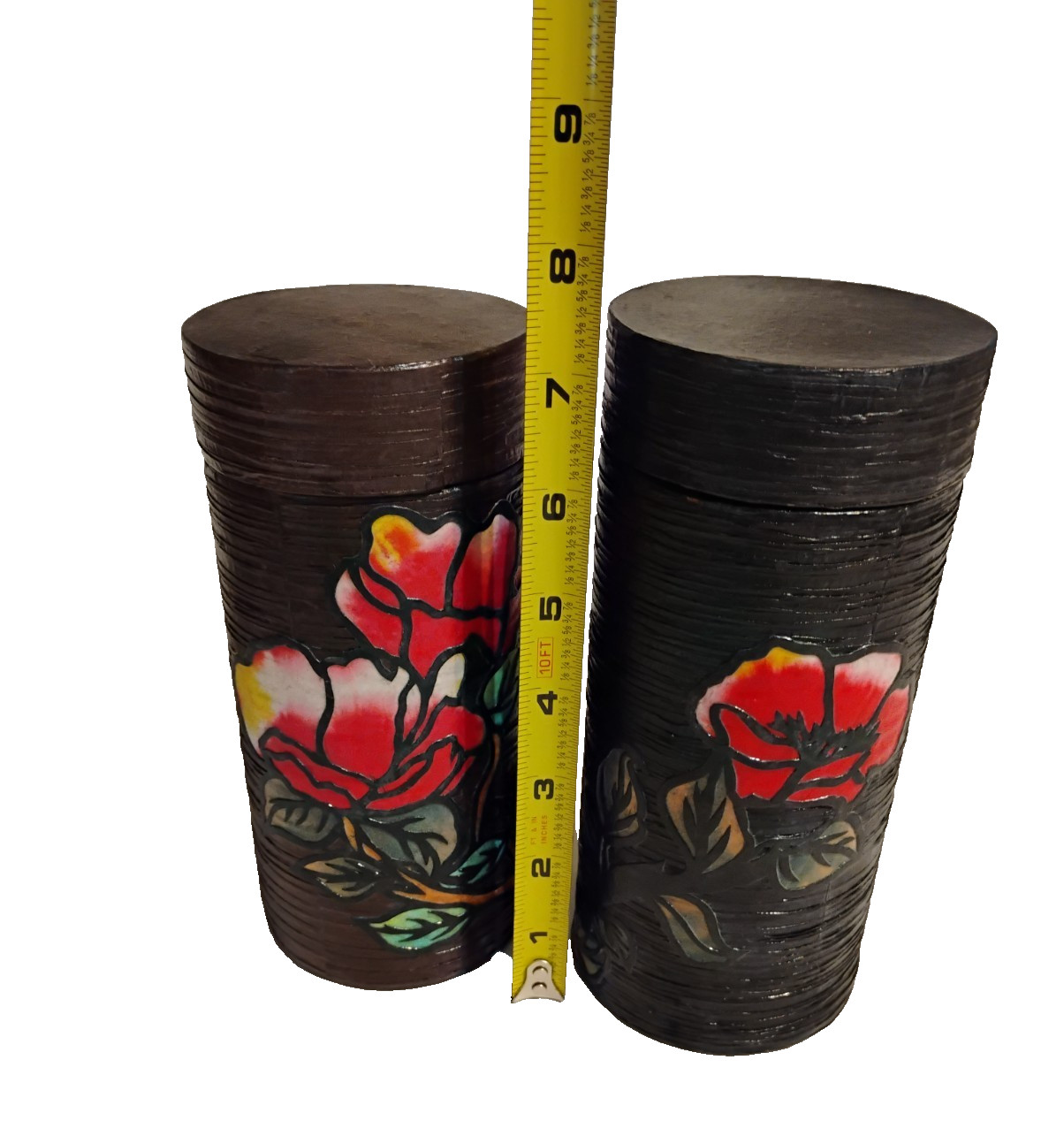 2 Vintage Lacquered Paper Mache Stained Glass Design Cylinder Canister/Container