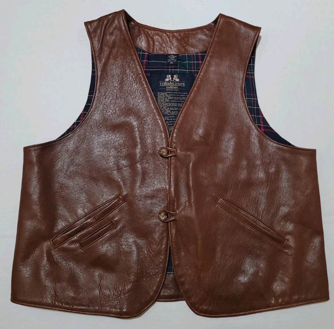 Vintage Willis & Geiger Vest Mens Extra Large Brown Plaid Lined Safari Camp USA