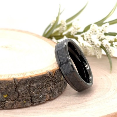 Carbon Fiber Inlay Her Ring For Christmas Gifts 6mm Black Polished Tungsten Band