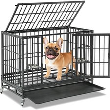 37 Inch Heavy Duty Dog Crate Steel Lockable Wheels Removable Tray