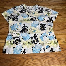 Disney Snow White Top Scrubs Sz L Black Graphic Nurse V Neck BUTTERFLIES FLOWERS