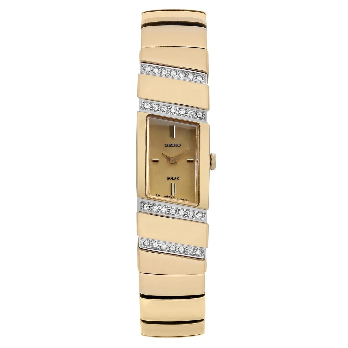 Seiko Solar 16mm Steel Gold Dial Swarovski Crystals Ladies Quartz Watch SUP168