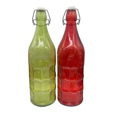 Set of 2 Vintage Glass Decorative Bottle Red & Green Raised Square Design 12"