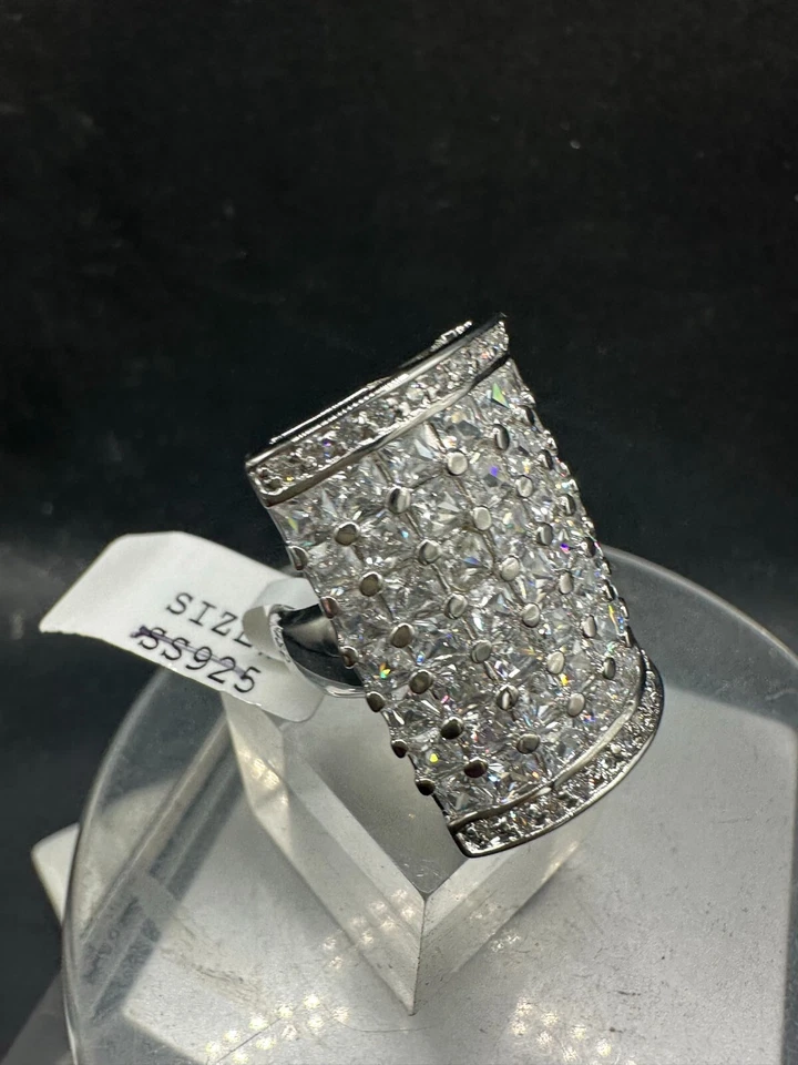 Ladies cocktail ring princess cut statement rhodium silver cz sparkling 7X116 - Image 4 of 4