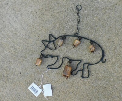 HAND MADE WELDED METAL PIG with DANGLING BELLS WIND CHIME