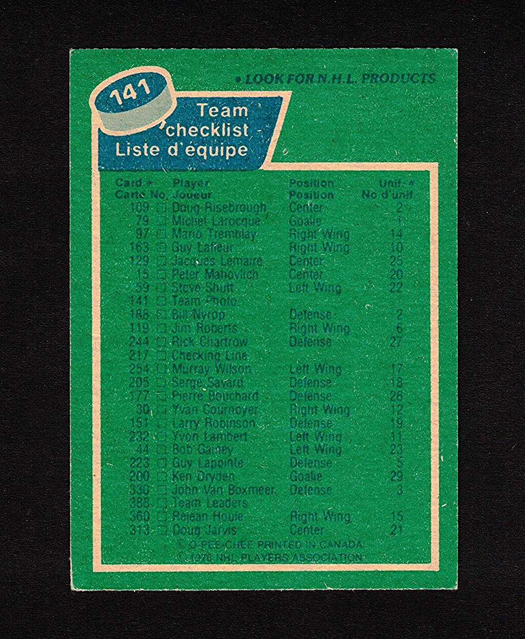 197677 MONTREAL CANADIENS Team & UNMARKED CHECKLIST 141 OPC ** NHL