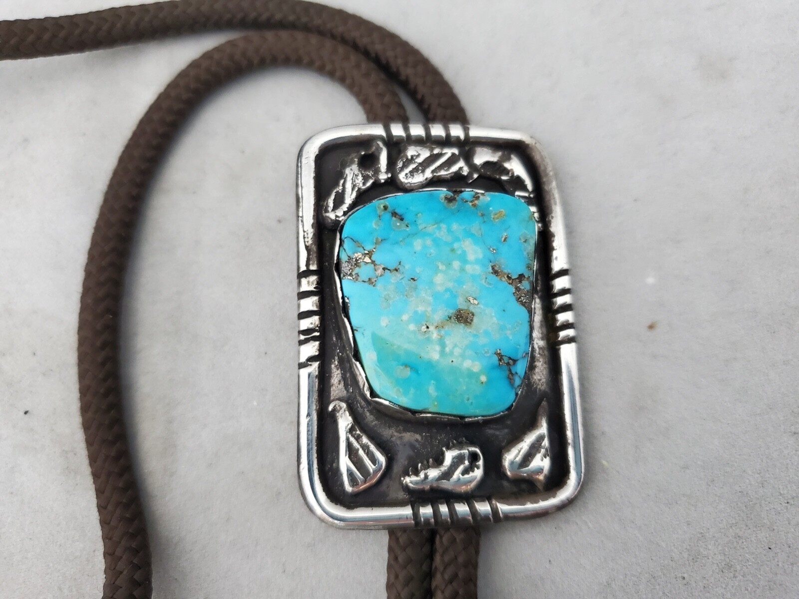 Silver Bolo Tie Rectangle with Large Turquoise & … - image 1