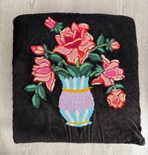 Vintage Antique Black Velvet Throw Pillow Raised Needle Punch Flowers Roses 16”