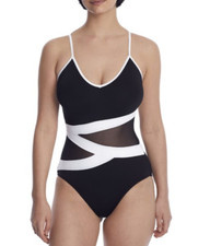 Anne Cole L34657 Women's Black White Colorblock Mesh One-Piece Swimsuit Size 10