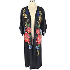Flying Tomato Duster Womens Size Small Medium Maxi Kimono Black Floral Boho