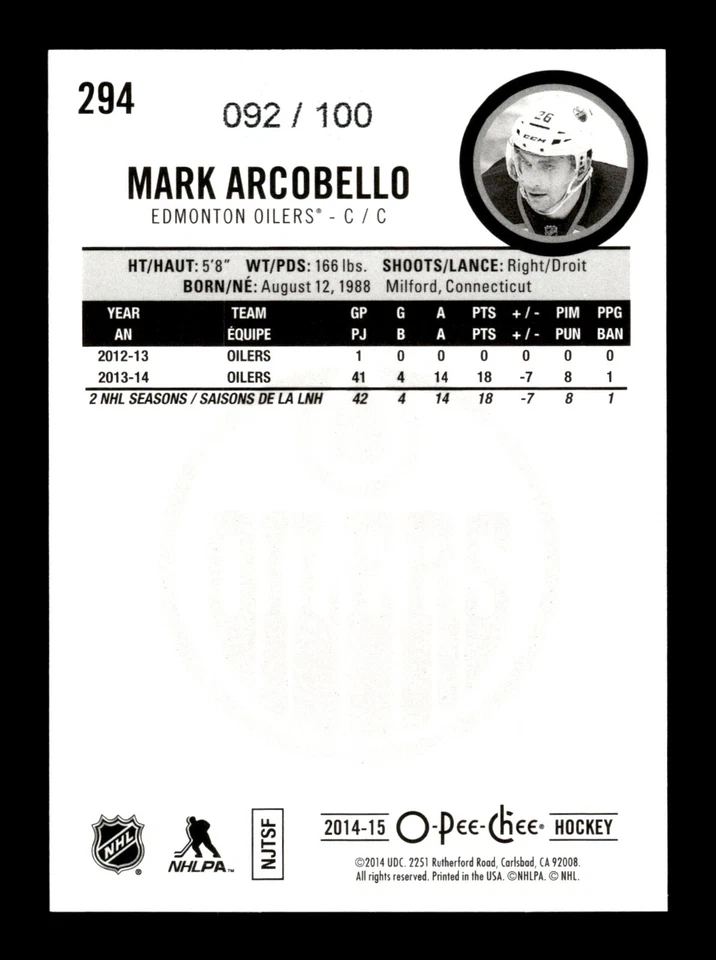 3-11-18 PWE READ . 2014-15 opc o-pee-chee black /100 #294 mark arcobello - Image 2 of 2