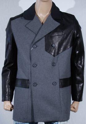 Bikkembergs Men's wool blend leather peacoat  US XL