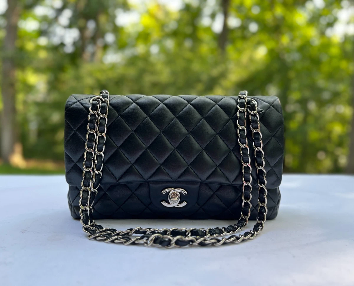 Auth CHANEL Lambskin Leather Double Flap Medium in Black w/ SHW Shoulder Bag