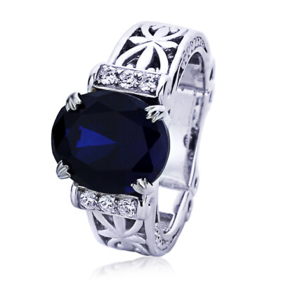 Women Silver Art Deco Oval Simulated Blue Sapphire CZ Flue De Lis Cocktail Ring