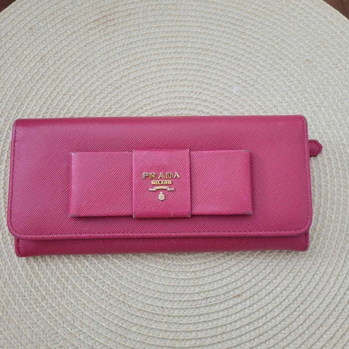 Prada Saffiano Leather Bow Continental Flap Wallet Pink Peonia