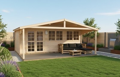 Gartenhaus Norwegen 11 6×4 m Holz Blockhaus mit XXL-Vordach & Terrasse 40mm