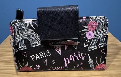 Tahari Paris Eiffel Tower Floral Zip Wallet Clutch Black NWT 6x3.5