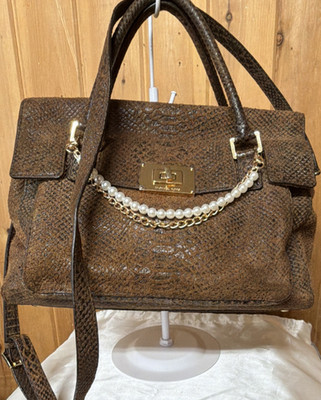 Michael Kors Brown Snake Skin Satchel Top Handle Detachable Strap Turn Lock