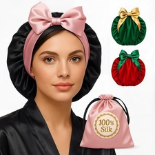 Mulberry Silk Bonnet for Sleeping with Ribbon Fixation  One Size, Black Rose