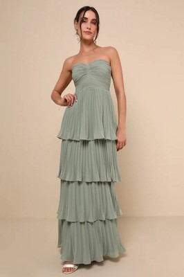 Lulus Seriously Sensational Sage Brush Strapless Tiered Maxi Dress Size XXS New
