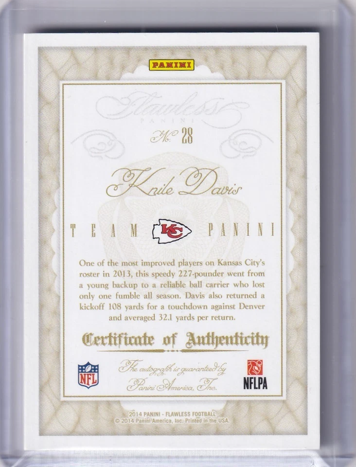 2014 Panini Flawless Football Knile Davis Team Panini Auto #03/10 - Image 2 of 2